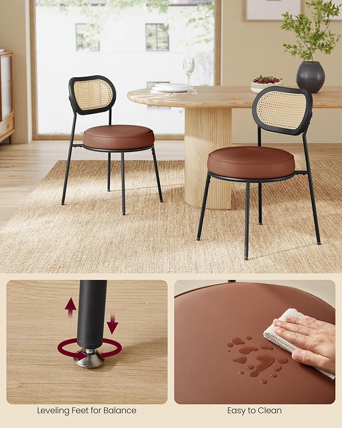 VASAGLE Dining Chairs, Set of 6 Accent Chair for Dining Room Kitchen, with Boho PE Rattan Back, Synthetic Leather Upholstery, Coffee Brown ULDC160K26