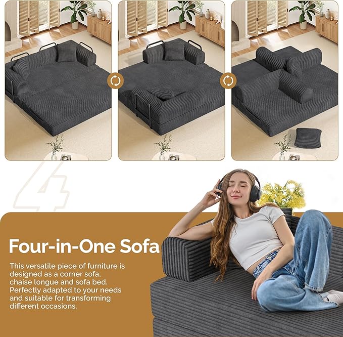 Convertible Coarser Corduroy Sleeper Sofa Bed with Cylindrical Pillow, Folding Mattress Couch with Fixed-Shape Frame, Floor Sofa Lounge Couch for Living Room Bedroom Lounge Studio, Dark Grey