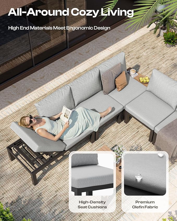 Oasbira Aluminum Modular Outdoor Patio Furniture Set, 6 Seats Patio Sectional Sofa Set with Adjustable Backrest & Thick Cushions, All-Weather Conversation Sets with Table for Garden & Yard, Gray