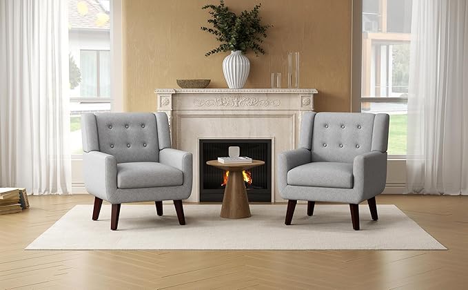 Accent Chairs Set of 2, Mid-Century Modern Upholstered Living Room Armchair, Comfy Linen Fabric Single Reading Arm Chair with Tufted Back and Wood Legs for Bedroom, Club (2, Light Grey)