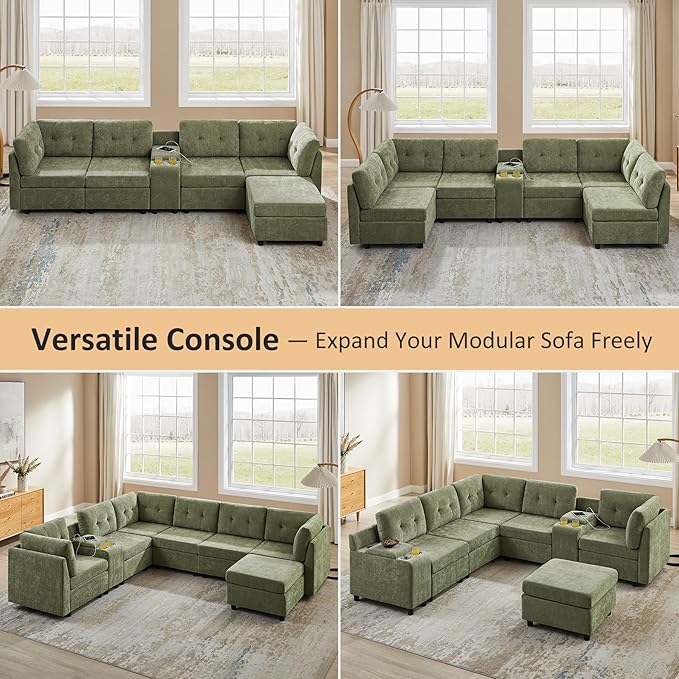 VANOMi 4 Seater Cloud Couches for Living Room with 2 Ottomans, 118" Modular Sectional Sofas & Couches, Comfy Chenille Cloud Sectional Couch Sofa for Apartment, Office, Green, U Shaped