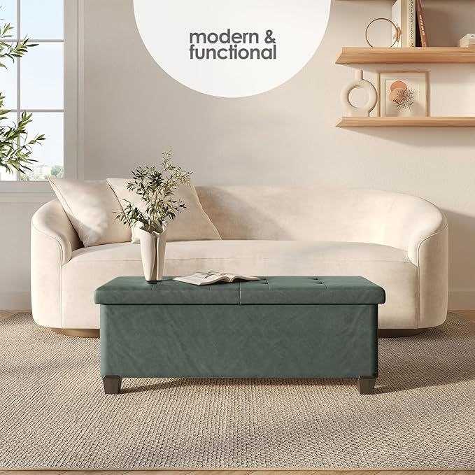 Storage Ottoman Bench with Bins, 43-in Storage Bench for Bedroom End of Bed, Folding Foot Rest Ottoman for Living Room Max 660lbs, Faux Leather Ottomans, Green