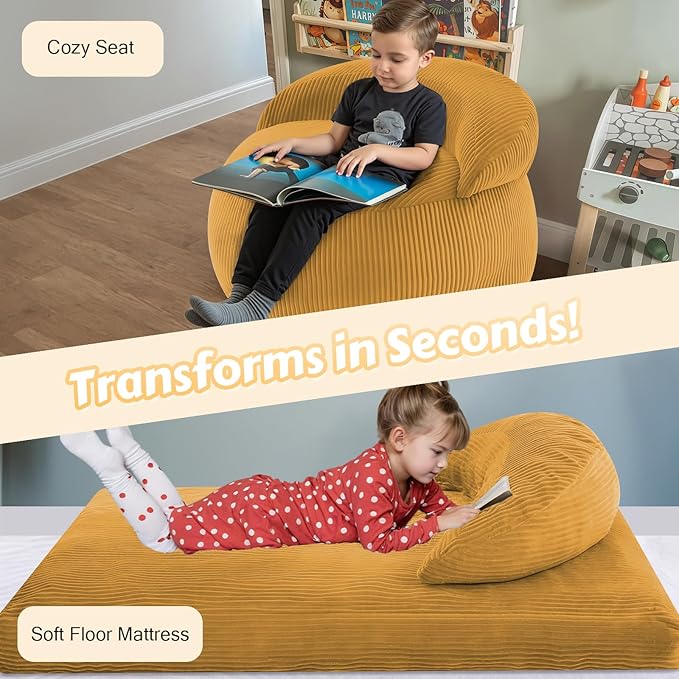 COMAX Bean Bag Chair for Kids, Convertible Toddler Beanbag Bed Corduroy, Children Bean Chair Stuffed to Floor Mattress with Filler, Yellow