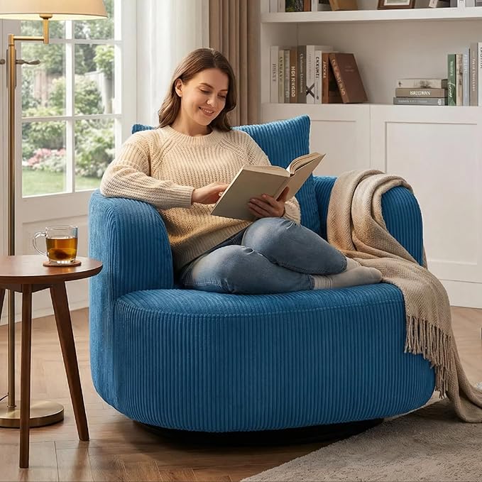 Furnimart 360° Swivel Boneless Chair, Round Corduroy Barrel Accent Chair Upholstered Comfy Lounge Chair, No Assembly Wide Seat for Living Room, Bedroom, Apartment (Blue)