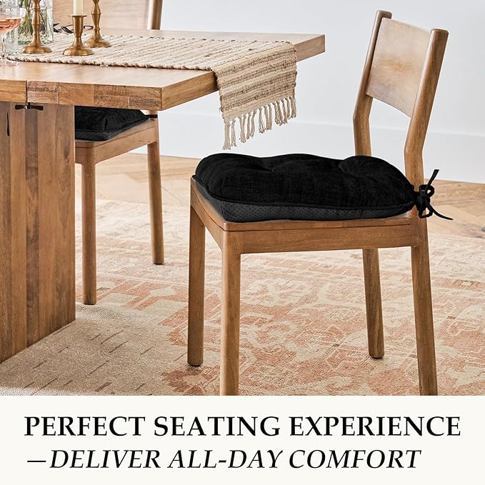 HARBOREST Chair Cushions for Dining Chairs Set of 6 - Chenille Tufted Kitchen Chair Cushions with Ties and Non-Slip Bottom, Foam Chair Pads for Dining Chairs, 17" x 17", Black