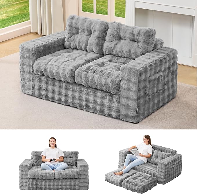 Hobestluk Sofa Couch Loveseat Sofa with Bubble Fabric 2-Seater Sofa for Small Spaces Comfortable Foam Floor Sofa 2 in 1 Boneless Couch for Living Room Bedroom Apartment or Office (Grey, Loveseat)