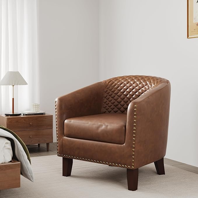 DREAMSIDEA Accent Barrel Chair, Upholstered Faux Leather Club Chair with Nailed Trim, Comfy Reading Armchair for Living Room Bedroom Reception Room Office (Brown, Set of 1)