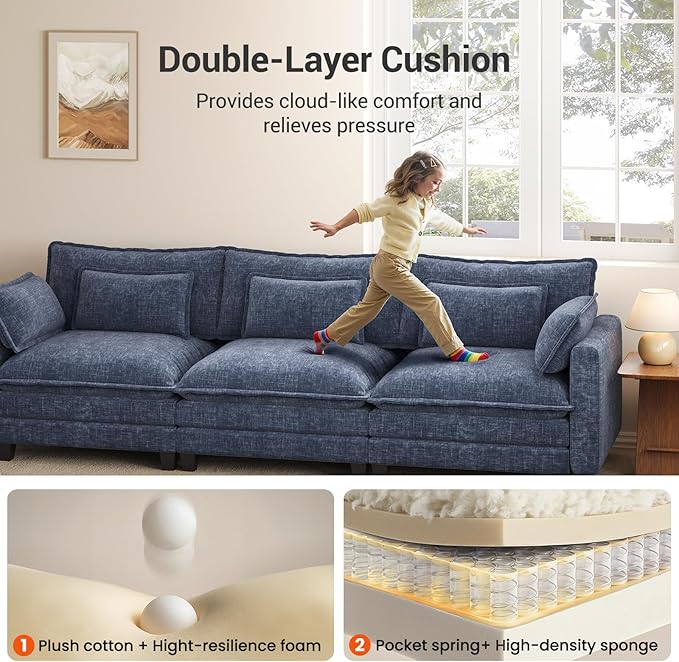Pipishell 110.6" U-Shaped Modular Sectional Sofa, 5-Seat Modern Chenille Deep Seat Comfy Cloud Couch with 2 Movable Ottoman & Throw Pillows for Living Room, Bedroom and Apartment, Blue