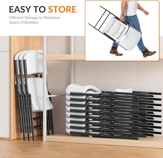 Elevon Folding Chairs Heavy Duty Plastic Chairs with 350-Pound Capacity for Home Office Camping Kitchen Dining Wedding Party Event Picnic, White, 4-Pack