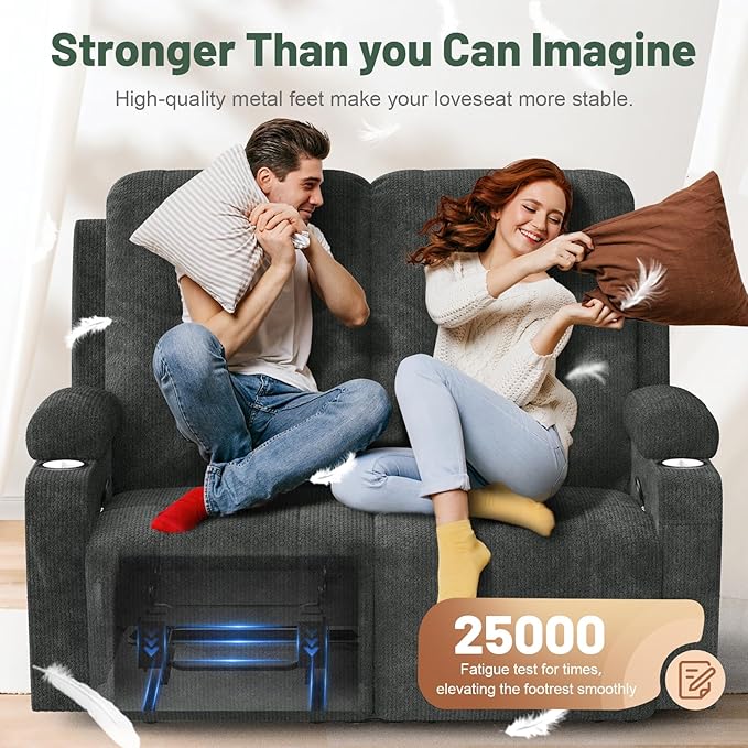 FURNIMAT Loveseat Recliner Sofa, 2 Seater Reclining Loveseat Sofa, Fabric Loveseat Couch, Modern Recliner Chair for Living Room, with Cup Holder and 2 Cell Phone Holders, USB Ports, Grey
