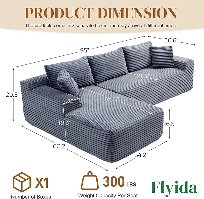 95" Boneless Cloud Sectional Couches for Living Room, Comfy Fluffy L Shaped Memory Foam Deep Seat Boneless Couch, Modular Sectional Sofa with Left Facing Chaise, Grey