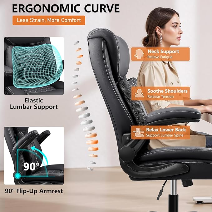 BESTFAIR Office Chair,Ergonomic Office Chair with Lumbar Support for Lower Back Pain Relief, Executive Leather Chair with Padded Flip-up Arms, Wheels and Adjustable Armrests, Black Pack of 4