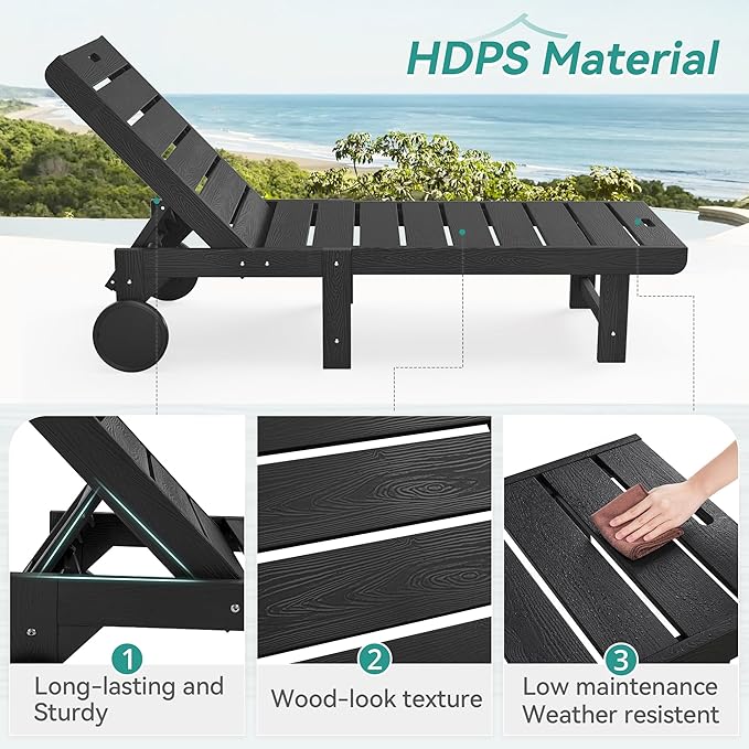 Outdoor Chaise Lounge Chairs with Table, 2-Piece, 26.8” Super Wide Lounge Chair Outdoor, HDPS Pool Chairs with 5 Positions, Patio Lounge Chair with Wheels for Pool,Lawn,Backyard, Black