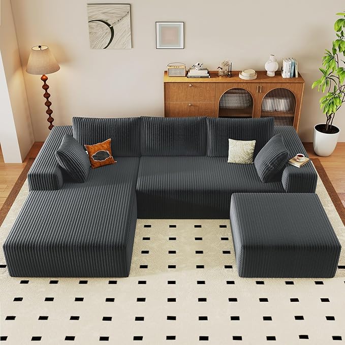 96" W Cloud Sectional Couch with Ottoman,Modern U-Shaped Cloud Couch with Deep Seat,Comfy Corduroy 3-Seater Sofa,Memory Foam Sofa for Living Room,No Assembly (Dark Grey,Left-Facing Chaise)