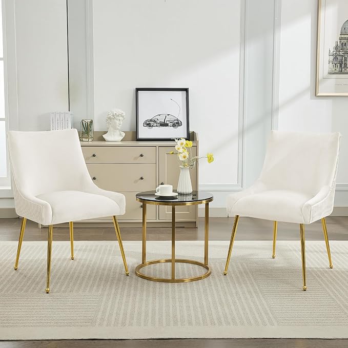 WUTUTUEE Velvet Dining Chairs Set of 6 Gold Legs,Upholstered Velvet Accent Chairs, Pleated Back Design & Gold Pull Handle, Mid Century Modern Chairs for Dining/Kitchen/Living Room,Beige