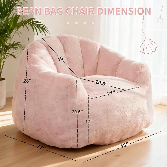 Bean Bag Chair, Giant Beanbag Chiar for Adults and Teens, Faux Fur Shell-Shaped Floor Sofa Couch with Filler, Comfy Chair for Living Room Reading, Gaming and Relax