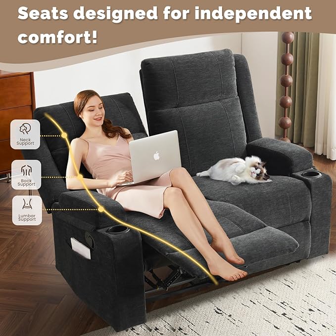 PALLOME Manual Reclining Loveseat Sofa, 2-Seater Recliner Couch with Cup Holders, Fabric Reclining Sofa for Living Room/RV (Black)