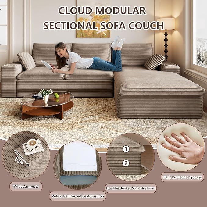 107 Inch Modular Sectional Sofa with Deep Seat, Corduroy Cloud Sectional Couch, Modern Boneless Couches with L-Shape Chaise for Living Room Bedroom, No Assembly Required (Camel, Right Facing Chaise)