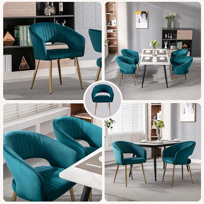 COMULER Teal Velvet Dining Chairs Gold Legs, Modern Dining Room Chairs with Arms Set of 6 Upholstered Accent Chair Armchair with Barrel Back for Kitchen Living Room