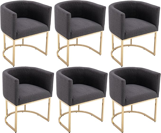 VESCASA Linen Upholstered Dining Chairs with Barrel Back, Mid Century Modern Padded Restaurant Chairs with Gold Metal Frame for Kitchen, Dining Room, Set of 6, Charcoal