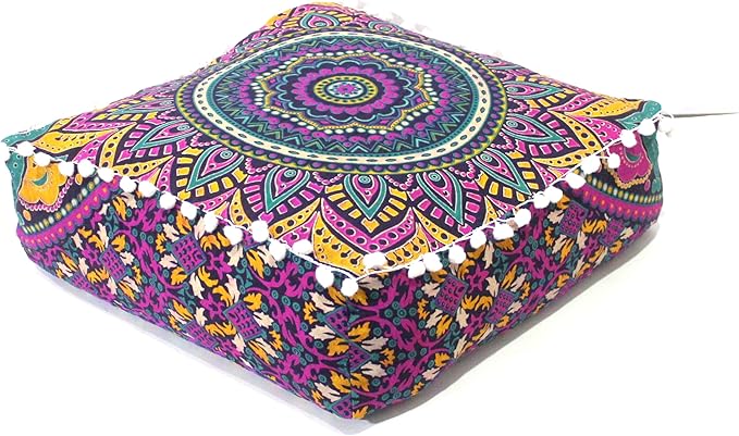 CRAFT KALA Large Hippie Mandala Meditation Floor Ottoman Pillow Cushion Pouf Cover Square Poufs Bohemian Circle Floor Cushion Case Outdoor Fireplace Yoga Living Room Decor Cover New Pink, 16" Square