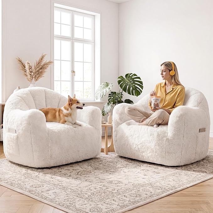 Homkdom Bean Bag Chair, Giant Bean Bag Chair for Adults, Shell-Shaped Bean Bag Couch with Armrests & Side Pockets, Comfy Beanbag Lazy Couch Reading Chair for Bedroom, Living Room, Beige