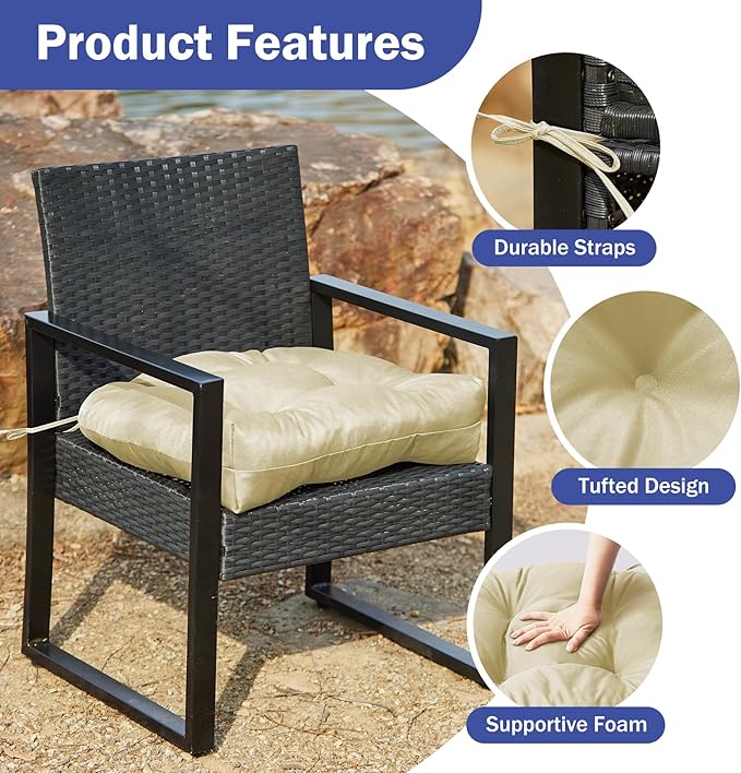 IPYNBAP Outdoor Chair Cushions Set of 4, Patio Chair Cushions with Ties, 19x19+5” Tufted Outdoor Seat Cushions, Waterproof Patio Furniture Cushions, Outdoor Dining Chair Pads, Beige