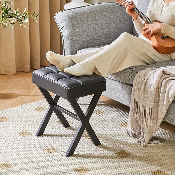 IBUYKE Square Makeup Stool with X-Leg Foot Rest, PU Footrest, Ottoman Seat Vanity Stool, Multi-Use as Small Side Table, for Bedroom, Living Room, Black LG-71B