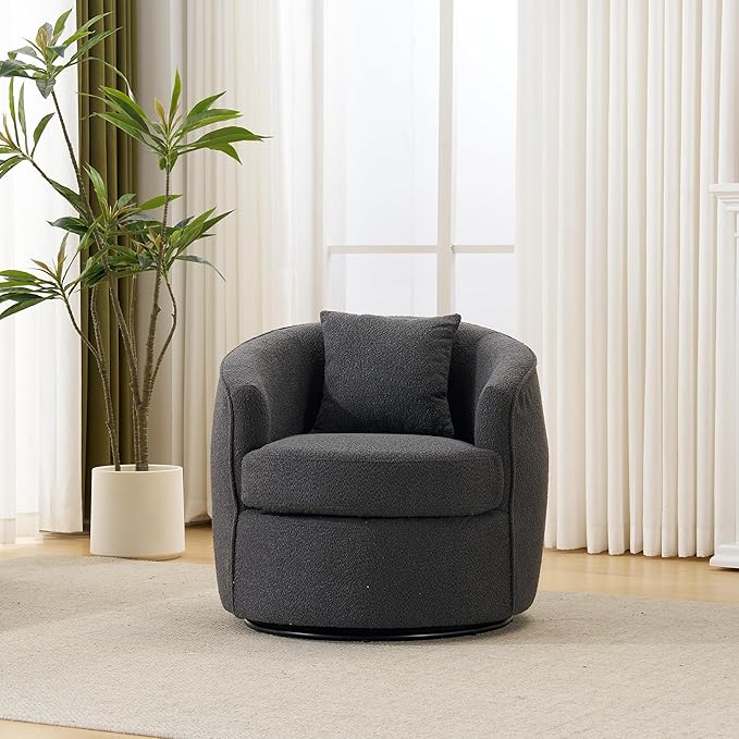 FaFaSoGoodFa Swivel Accent Chair, Modern Upholstered Boucle Barrel Arm Chairs with Pillow for Living Room, 360 Degree Round Swivel Sherpa Armchair with Round Base for Bedroom Club (1, Dark Grey)