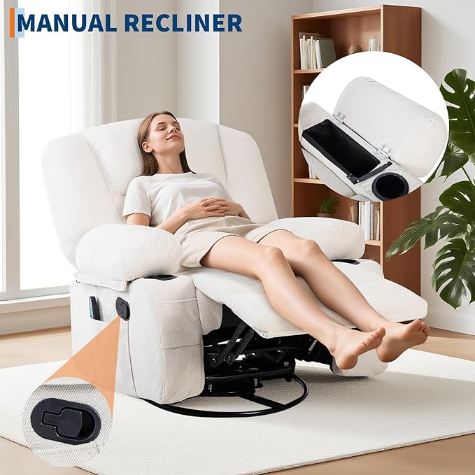 Rocker Recliner Chairs for Adults w/Vibration Massage and Heating,360° Swivel Rocker Glider Recliner,Extra Wide Manual Lazy Chair,Chenille Fabric Sofa Chair for Living Room,Bedroom,White