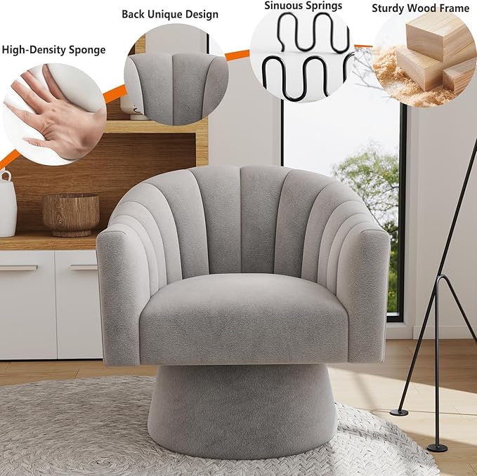 Swivel Accent Chair Set of 2, Upholstered Velvet 360° Swivel Barrel Chair for Living Room Overstuffed Bouncle Reading Chair Round Armchair for Bedroom,Vanity,Office (Grey)