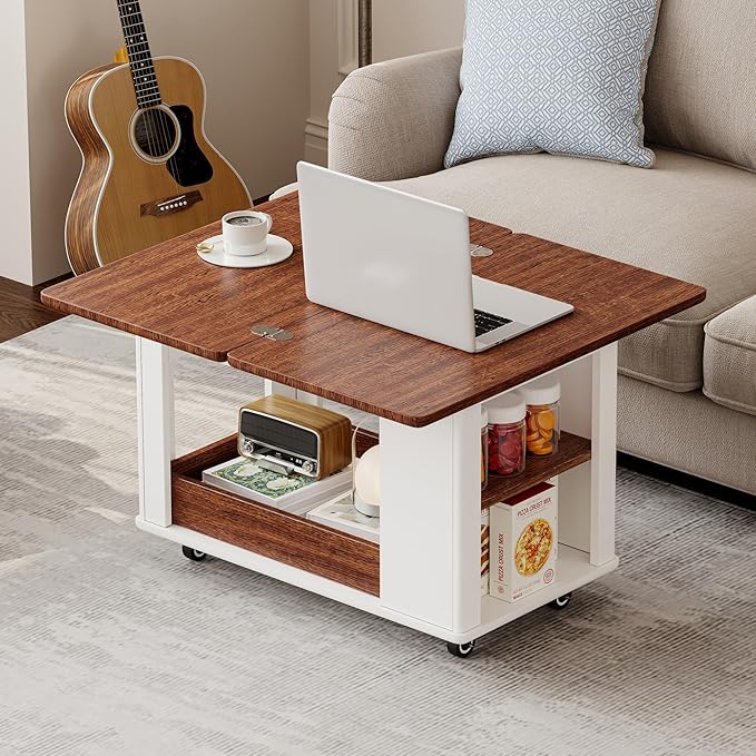 27.6" Modern Multi-Function Coffee Table with Foldable Top & Casters,Side Table with Multi-Tier Storage,White & Walnut