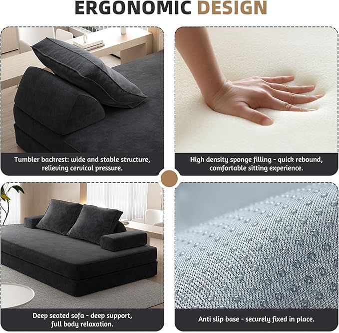 87" Foldable Floor Couch, 3-Seat Convertible Sleeper Sofa with Removable Backrests and 2 Soft Pillows, Chenille Fabric, for Living Room, Bedroom, Apartment, No Assembly Required, Dark Grey