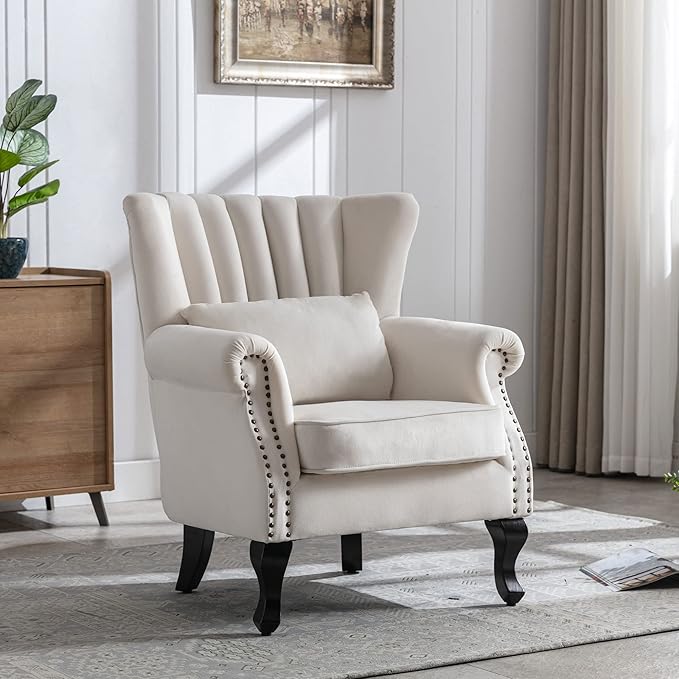 DM Furniture Velvet Accent Chairs Set of 2 with Arm Comfy Living Room Chair Mid-Century Modern Wingback Side Chair Single Sofa Couch for Bedroom Guest Room, Cream
