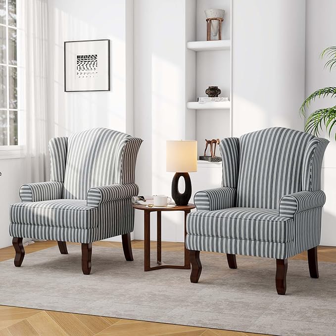 DREAMSIDEA Accent Chair, High Back Upholstered Armchair with High Resilience Sponge & Wood Legs, Mid-Century Modern Comfy Single Sofa Reading Chairs for Living Room, Bedroom (Stripe Grey, Set of 2)