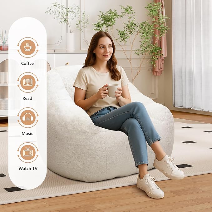 Setawix Bean Bag Chair with Filler, Comfy Teddy Bean Bag Chairs for Adults and Kids, Cozy BeanBag Sofa Fully Floor Couch with Memory Foam for Living Room Bedroom,White