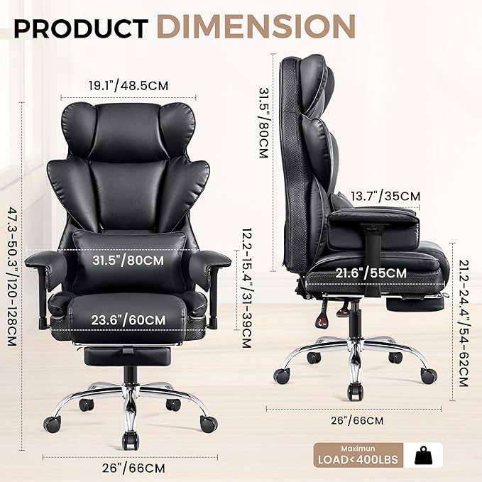 BESTFAIR Big and Tall Office Chair - Heavy Duty 400 LBS Executive Chair with Lumbar Support & Foot Rest, High Back Ergonomic Desk Chair, Padded Wide Seat Gaming Chair, Adjustable Armrests, Black