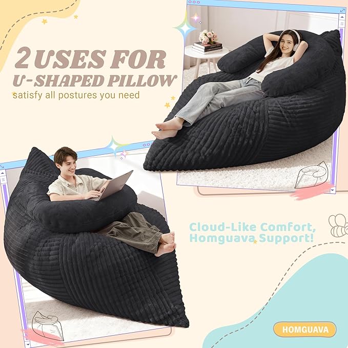 Homguava Giant Bean Bag Chair for Adults with Pillow, 4 in 1 Convertible Floor Cushion for Adluts, Memory Foamed Bean Bag Lounger with Washable Cover for Living Room, Bedroom