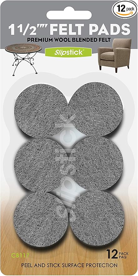 Slipstick Premium Wool Felt Furniture Pads/Chair Feet Floor Protectors (1.5 Inch Round) Includes 12 Heavy-Duty Felt Pads with Self Stick Adhesive, Gray, CB117