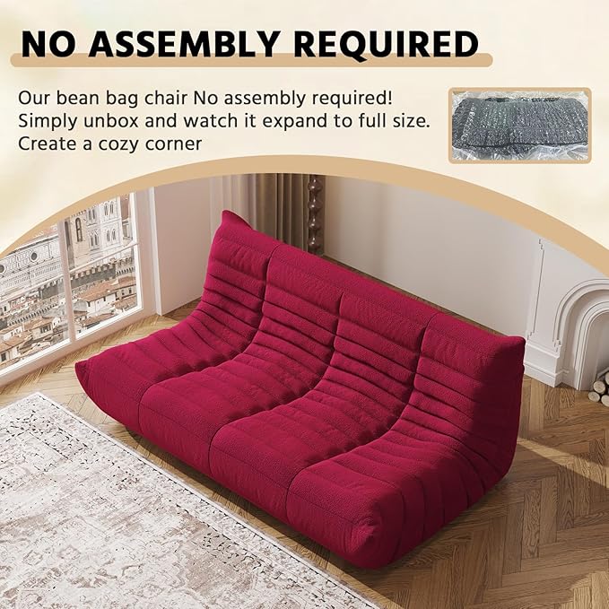 Bean Bag Chair, Fireside Chair, Large Bean Bag Chair for Adults, Bean Bag Chairs for Teens with High-Resilience Foam, Non-Slip Base Floor Lounge Sofa,Living Room (Burgundy, 3-Seater)