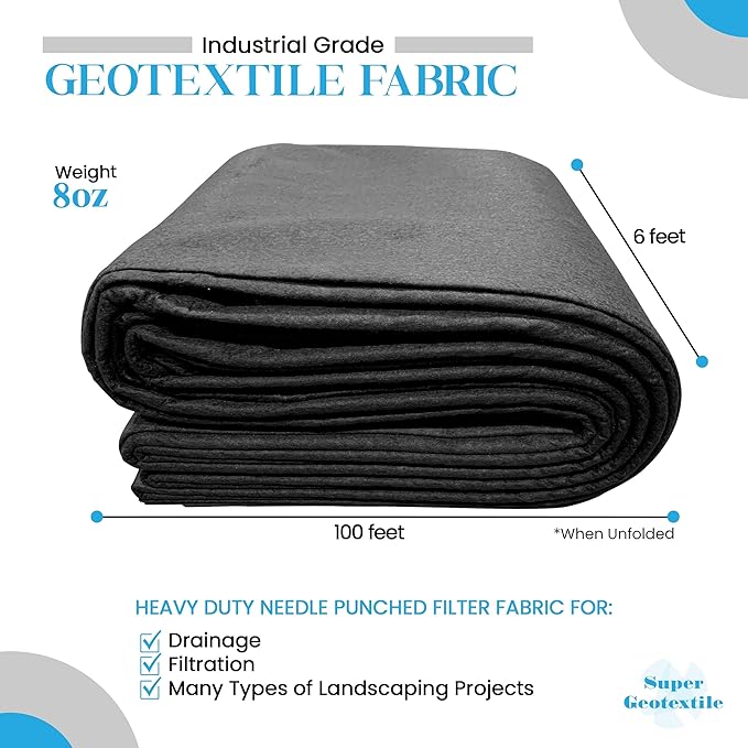 Super Geotextile 4, 6, 8 oz Non Woven Fabric for Landscaping, French Drains, Underlayment, Erosion Control, Construction Projects - 8 oz (6X100)