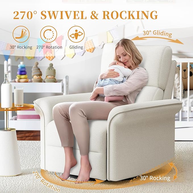 QKFF Power Swivel Rocker Recliner Chair for Nursery, Upholstered Snowflake Velvet 270°Swivel Glider Rocker Chair with USB Ports, Small Power Recliners for Small Spaces Living Room