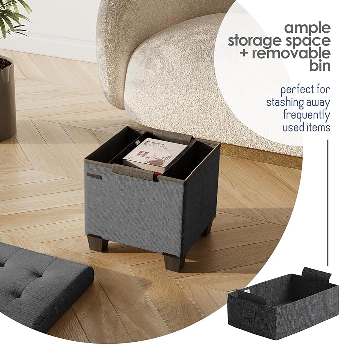 Storage Ottoman Cube with Small Bin, 16-in Square Ottoman with Storage for Living Room and Bedroom, Small Ottomans Foot Rest, Fabric Foot Stools Ottomans Max 330lbs, Grey