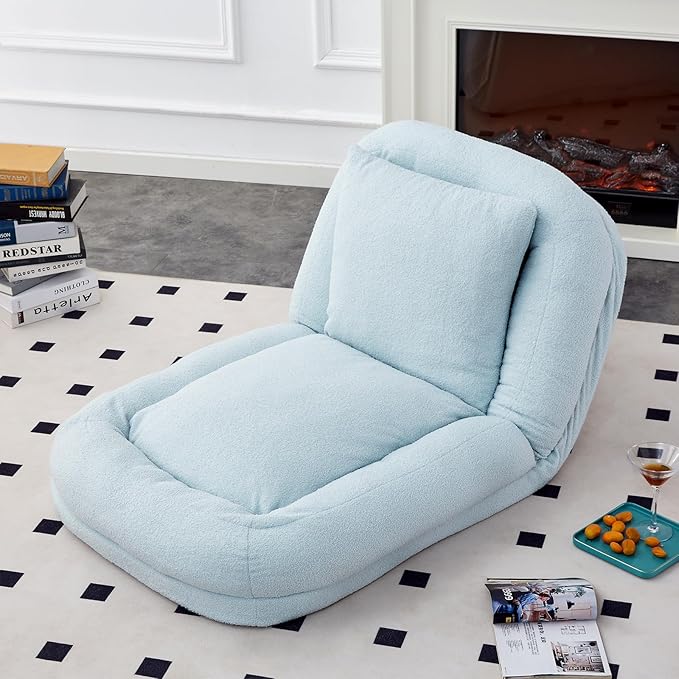 Versatile Light Blue Folding Sofa Chair with 5 Adjustable Positions - Perfect Plush Floor Lounge Chair for Gaming & Relaxation