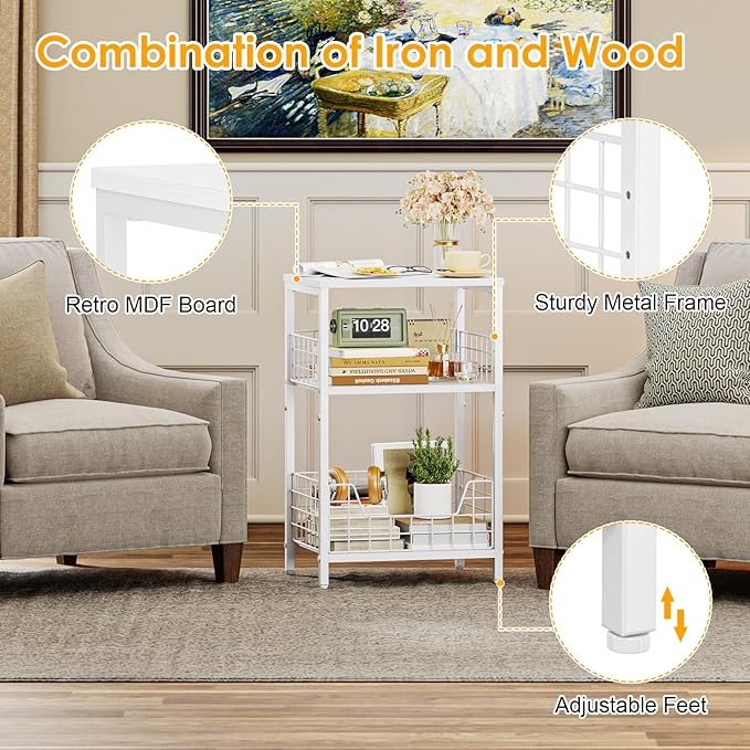 X-cosrack End Table, Small Side Table with Storage, 3-Tier Night Stand for Living Room, Bedroom, Small Spaces, White(Patent Pending)