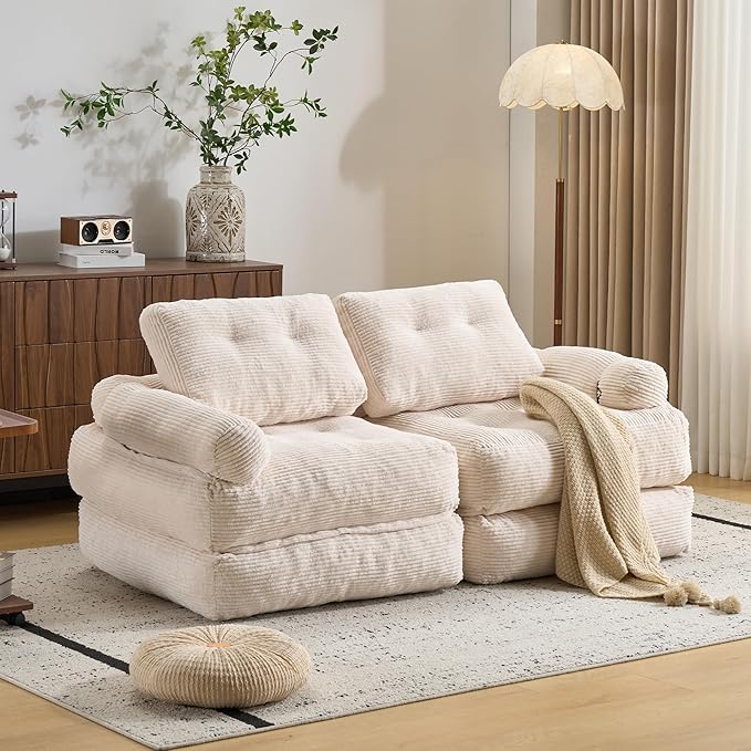 Folding Sofa Bed with Armrest,Convertible Sleeper Chair for Adults, Folding Sofa Bed Foam Filling Couch with Pillow，Sleeper Chairs Single Size Floor Mattress,White