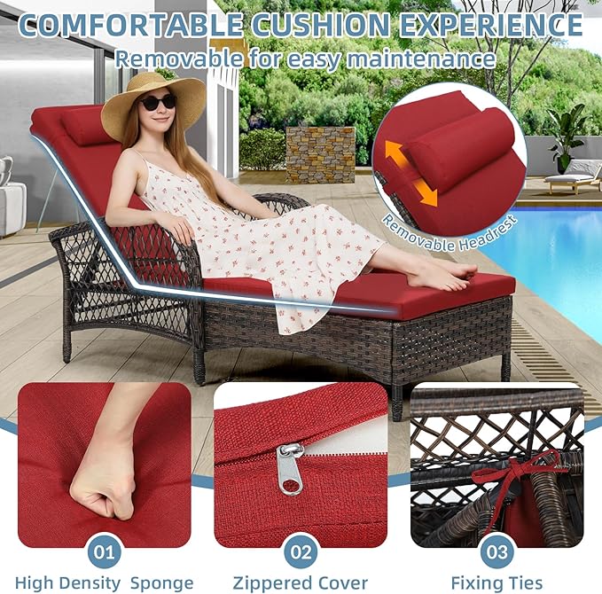 WINGTU Outdoor Chaise Lounge Chair with Side Table, All Weather PE Rattan Patio Lounge Chair with Cushion, 6-Positions Adjustable Pool Sunbathing Recliner for Poolside, Backyard, Armrest & Pillow, Red