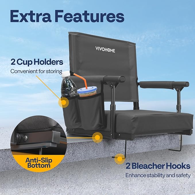 VIVOHOME Stadium Seats with Back Support and Cushion, 2 Pack Portable Bleacher Chairs with Cup Holder and Shoulder Strap