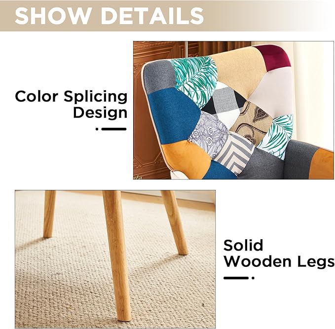 Accent Chair, Living Room Chair, Modern High Back Armchair, Colorful Patchwork Reading Chairs for Bedroom, Lounge Chair with Linen Fabric Shell and Solid Wood Feets (2, Colorful)