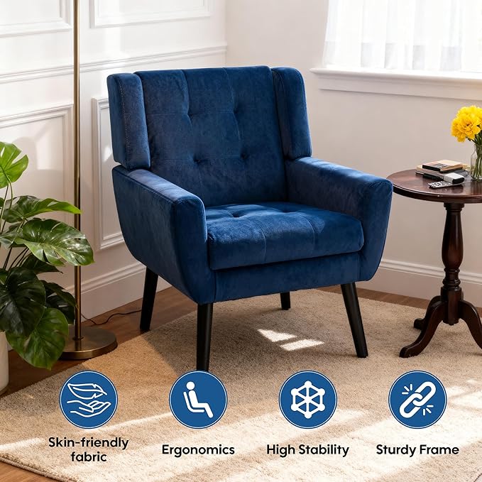 OO BY ORANGE ONLINE Velvet Accent Chair, Mid-Century Modern Tufted Armchair for Living Room, Bedroom & Office (Royal Blue)